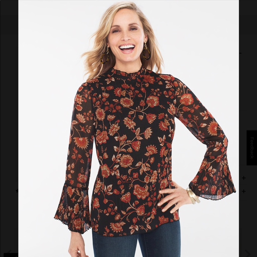 NWT Chico’s Jacobean Floral Ruffle Mock Neck Top